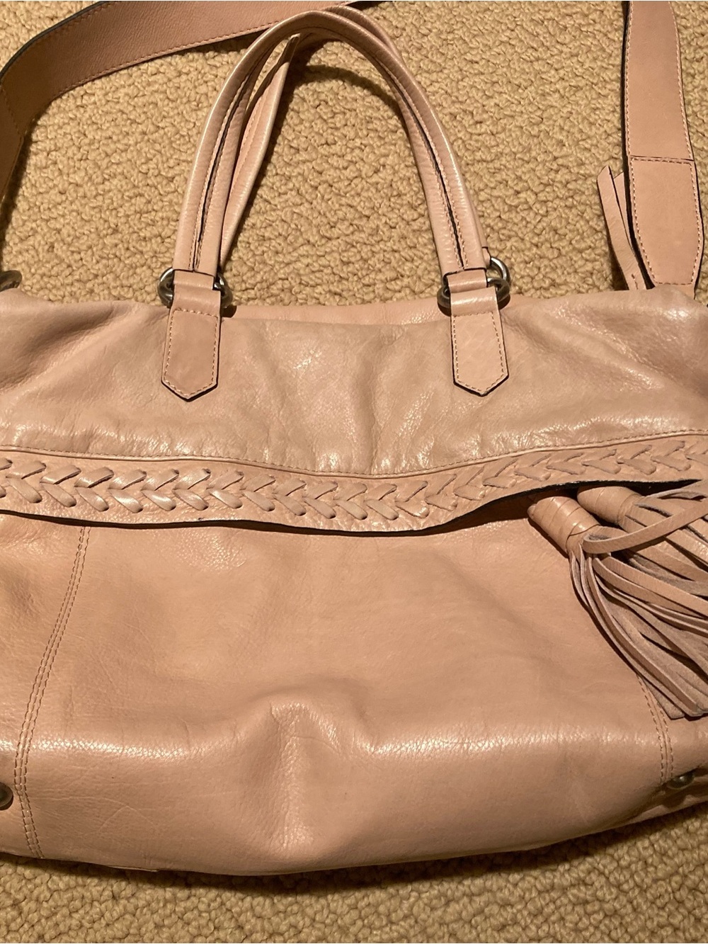 Blush Pink Leather Crossbody with Braided Trim and Tassel